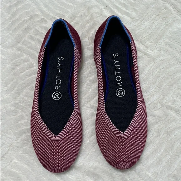 Rothy’s The Round Toe Flats Berry Red Knit Blue Trim Size 7.5 EUC Washable - Picture 1 of 9